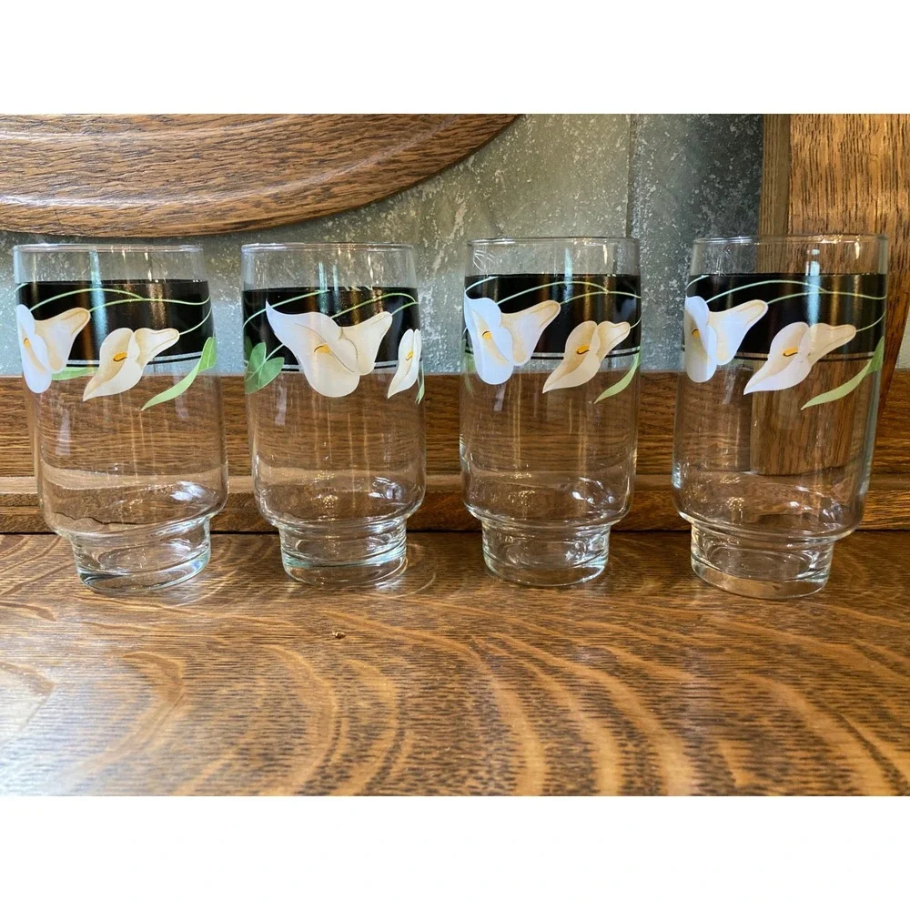 Vintage Calla Lily Highball Glasses Set of 4 Black Band Floral Footed Tumblers